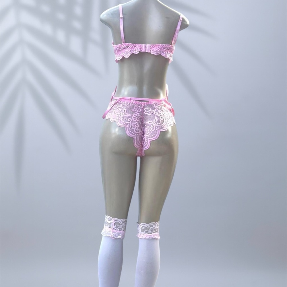 Heart Charm Lace Strappy Teddy Lingerie in Pink ✧ S - Picture 5 of 5